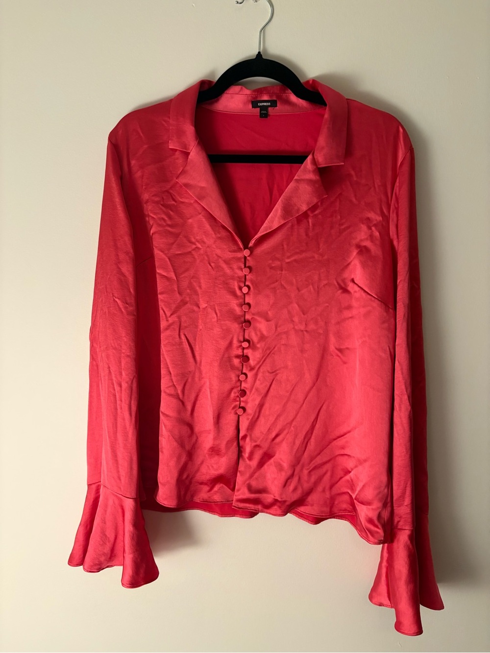 Express Coral-Red Satin Buttoned Blouse